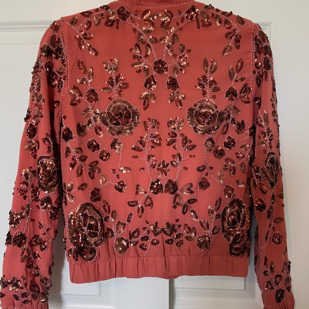 Endless Rose Coral Bomber Jacket with Sequin Floral Print - Picture 2 of 3